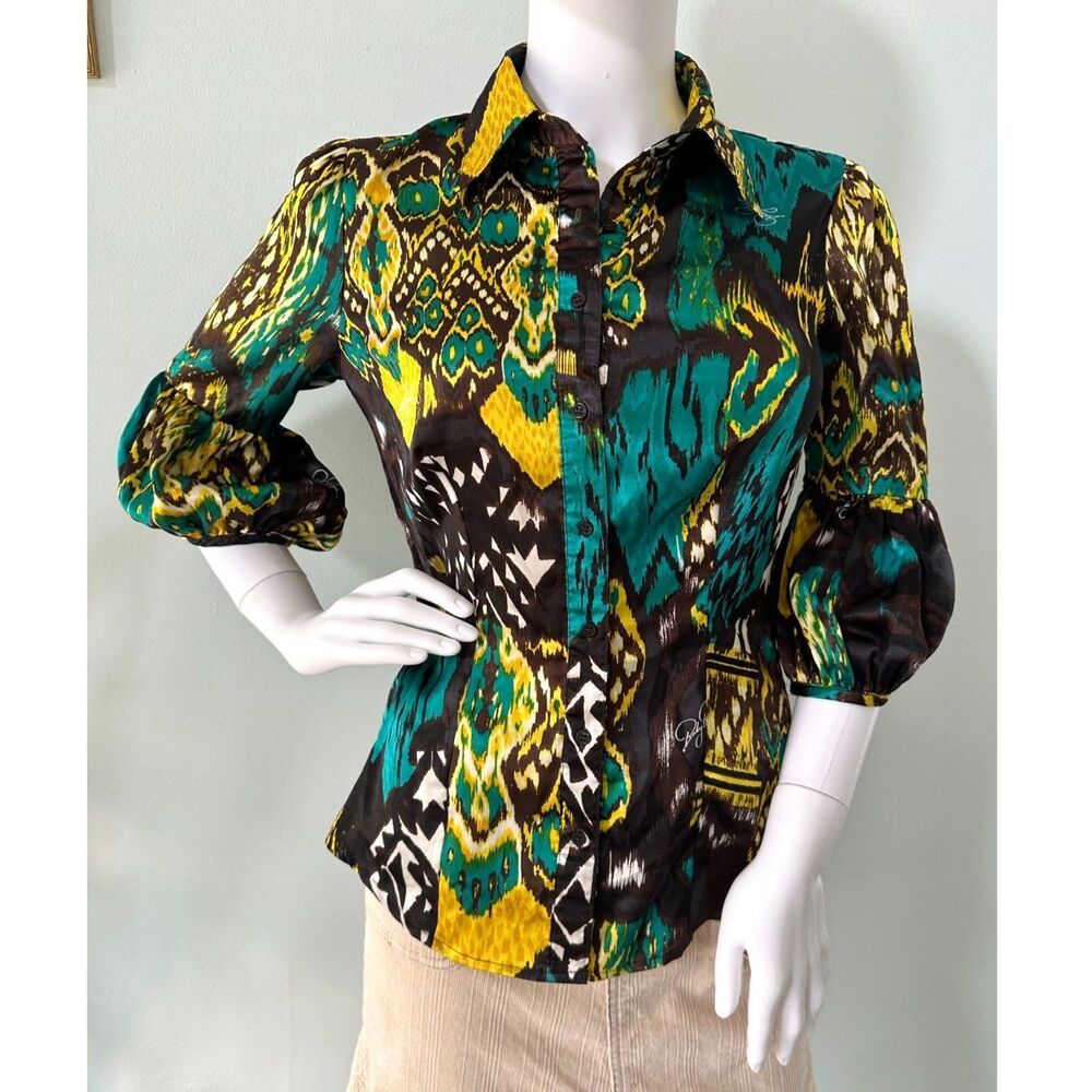 Vintage Y2k Baby Phat Bold Print Puff Sleeve Blouse Button Down Shirt size Small